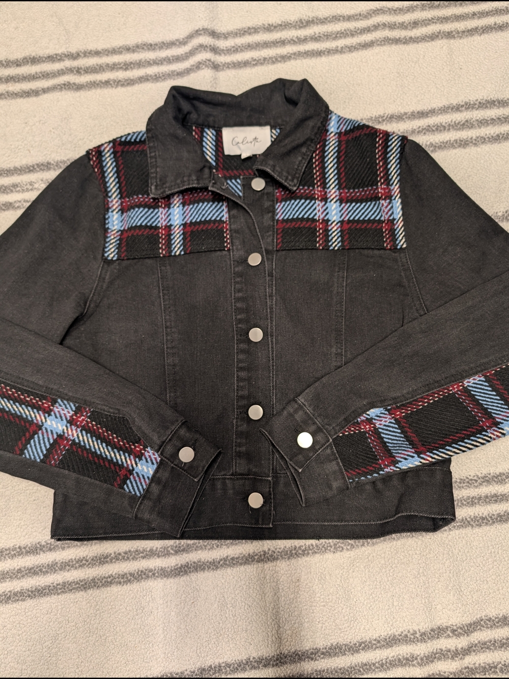 Black Denim Jean Jacket with Blue & Red Plaid Accents